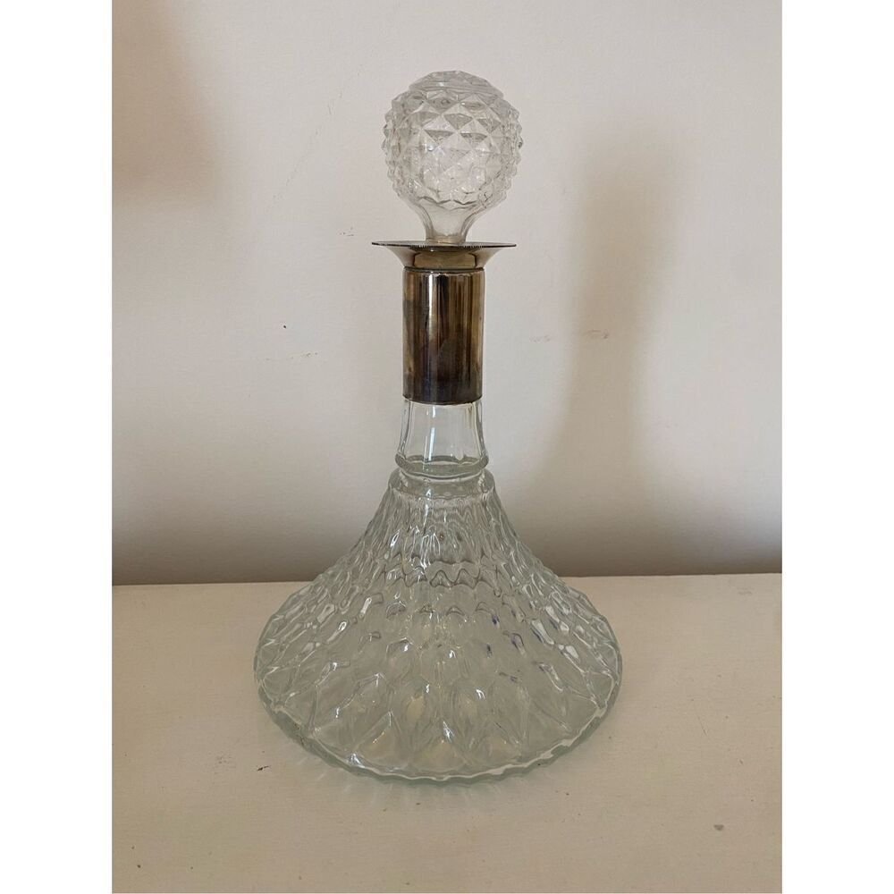 Rogers Diamond Cut Glass Whiskey Decanter Silver Plate Collar & Stopper Barware
